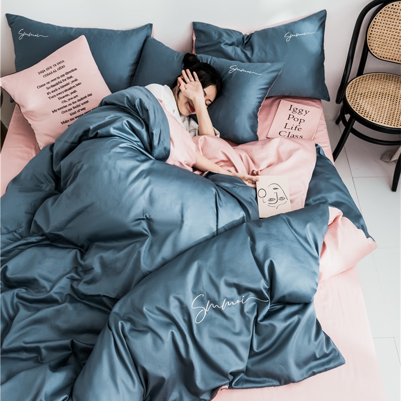 Cotton 60pcs satin plush cotton four-piece embroidered cotton duvet cover sheet Sheet Fitted sheet 1 8m bed bag Set Solid color