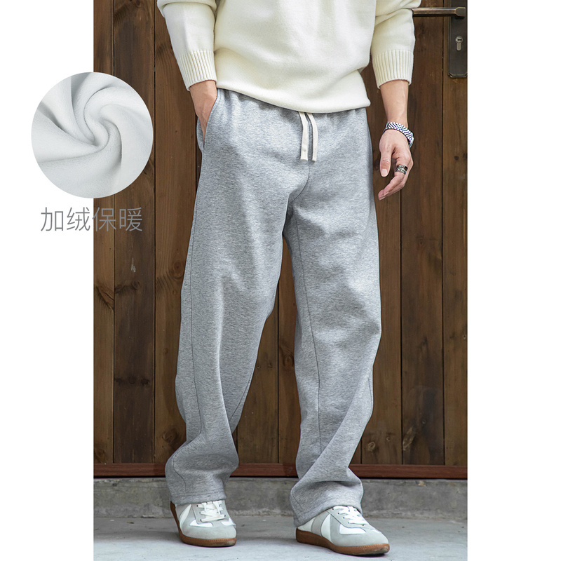 Men's Autumn and Winter Fleece Sweatpants, American Casual Style, Warm, Thick, Slightly Wide, Elastic Waist, Straight-Leg Trousers