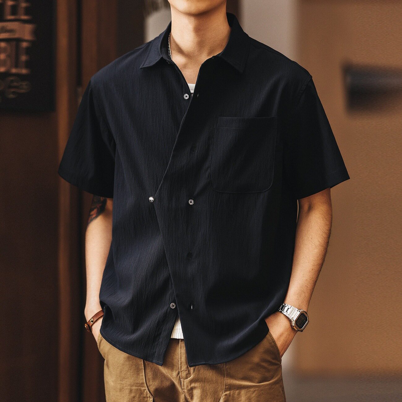 高端冰丝凉感纹理短袖衬衫男士夏季潮牌通勤宽松简约工装休闲衬衣