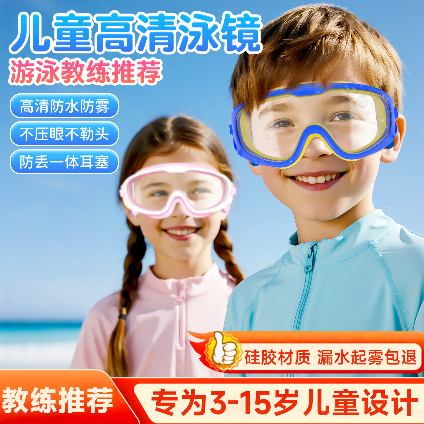 儿童泳镜男孩女孩高清防雾防水大框游泳眼镜专业潜水泳帽泳镜套装