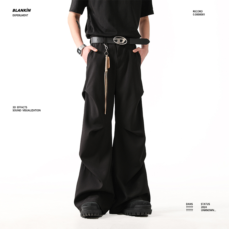 Blankin Pleated Split Design Drapey Black Dress Pants Unisex American Style Slightly Flared Cleanfit Wide-Leg Trousers