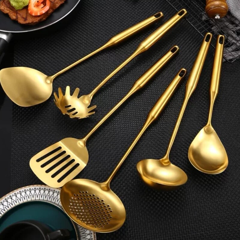 Korean-Style Golden Spatula, Soup Ladle, Strainer, Rice Spoon, Noodle Scoop, New 304 Stainless Steel Kitchen Utensil Cooking Set