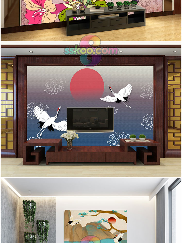 国潮中国风祥云白鹤龙凤传统元素电视背景墙装饰画模板PSD素材插图2