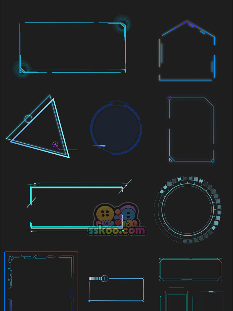 炫酷HUD科幻科技边框蓝色渐变方框科技感png免扣元素组件模板素材插图19