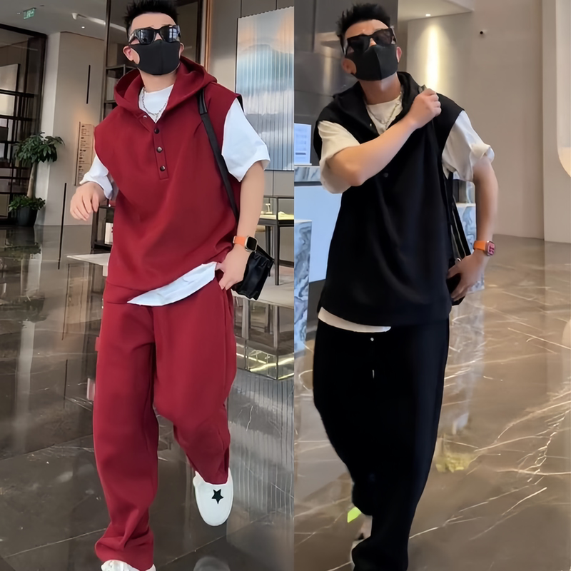 Summer Men's Trendy Fashion Ancora Red Casual Suit Pullover Vest Wide-Leg Loose Casual Pants Three-Piece Set