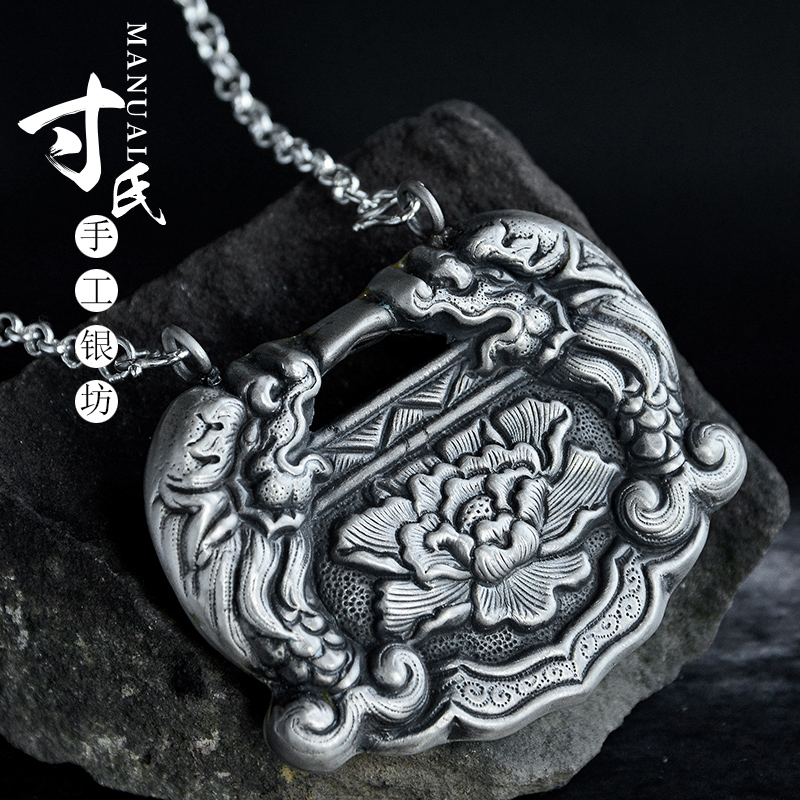Long life lock pendant antique silver lock necklace with bell fukuku silver lock children long life rich lock
