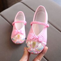 Hanfu embroidered shoes Girls old Beijing childrens shoes beef tendon bottom Chinese style handmade cloth shoes embroidered costume dance shoes