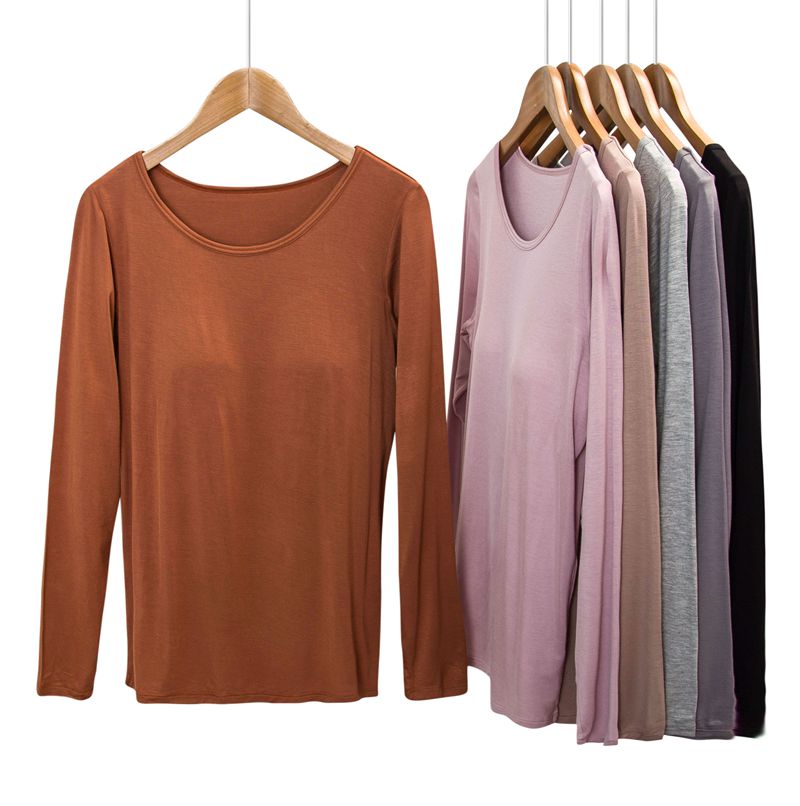 Modal Women's Long Sleeve T-shirt with Chest Pad, Tank Top, Half High Neck, Free Bra, Integrated Yoga, Pajamas, Underwear, Underwear, Underwear 