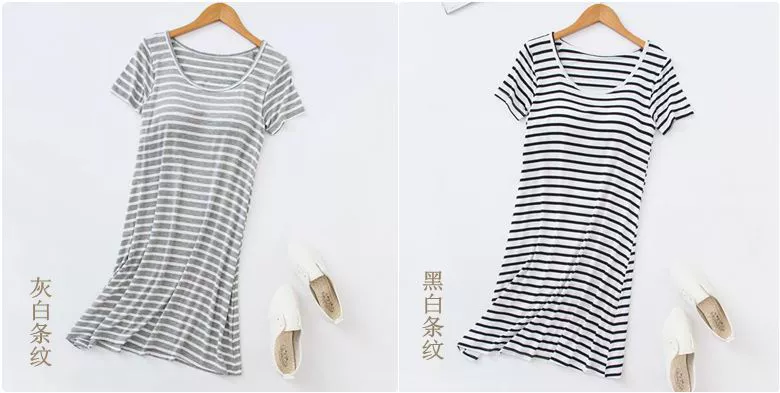 Mùa hè bông phương thức vành đai ngực pad nightdress đồ ngủ ngắn tay áo miễn phí áo ngực một phần mỏng kích thước lớn nhà váy nữ