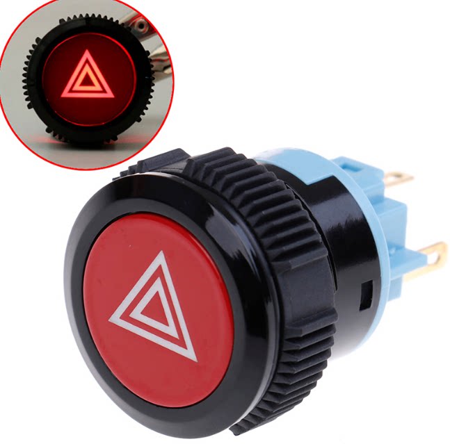 22mm圆形自锁按钮开关塑料双闪符号警示开关红色带灯12V-24V 5脚