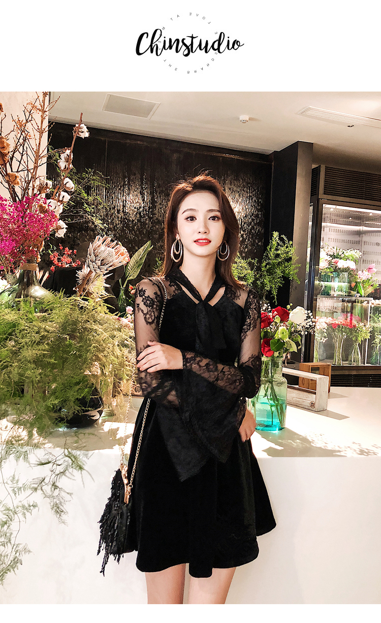 VK旗艦店 韓系蕾絲蝴蝶結喇叭袖絲絨氣質顯瘦長袖洋裝