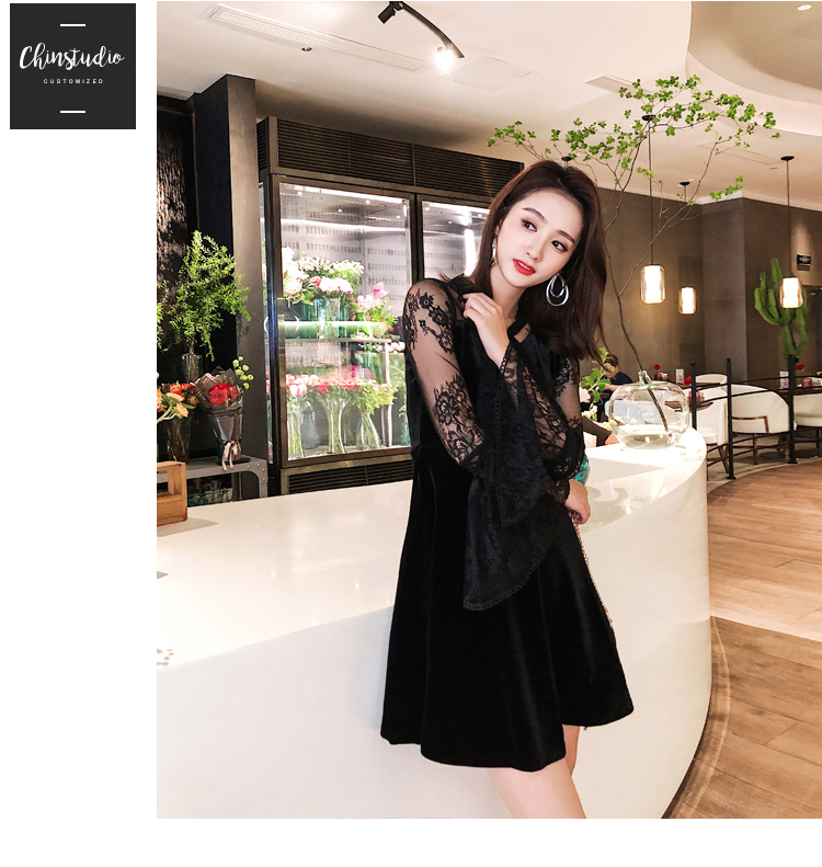 VK旗艦店 韓系蕾絲蝴蝶結喇叭袖絲絨氣質顯瘦長袖洋裝