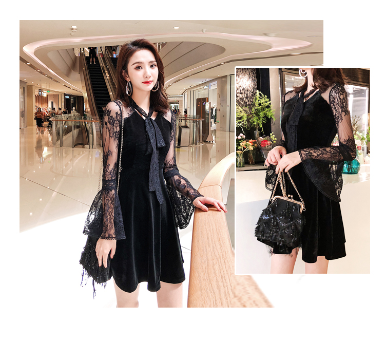 VK旗艦店 韓系蕾絲蝴蝶結喇叭袖絲絨氣質顯瘦長袖洋裝