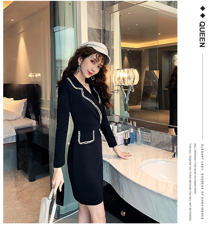 VK旗艦店 韓系修身優雅西服領黑色氣質顯瘦長袖洋裝