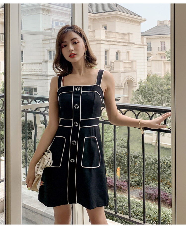 VK旗艦店 韓系氣質拼色線條排扣背帶淑女無袖洋裝