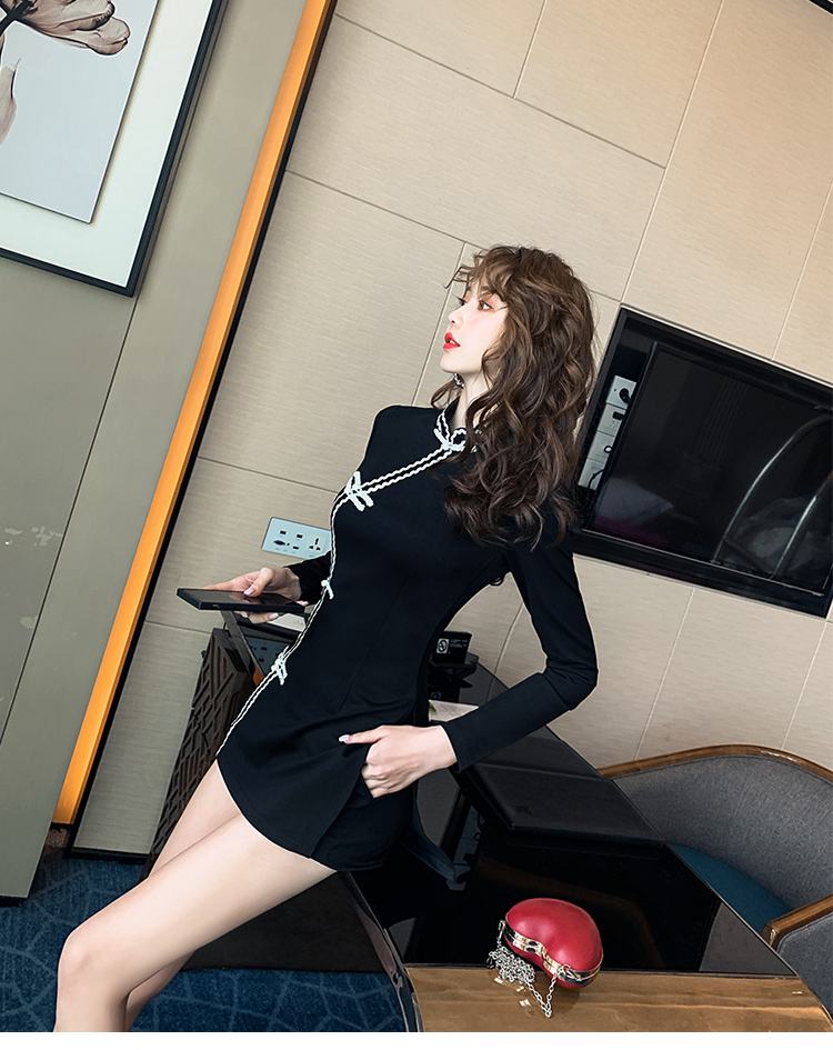 VK旗艦店 中國風復古純色盤扣旗袍短褲套裝長袖褲裝