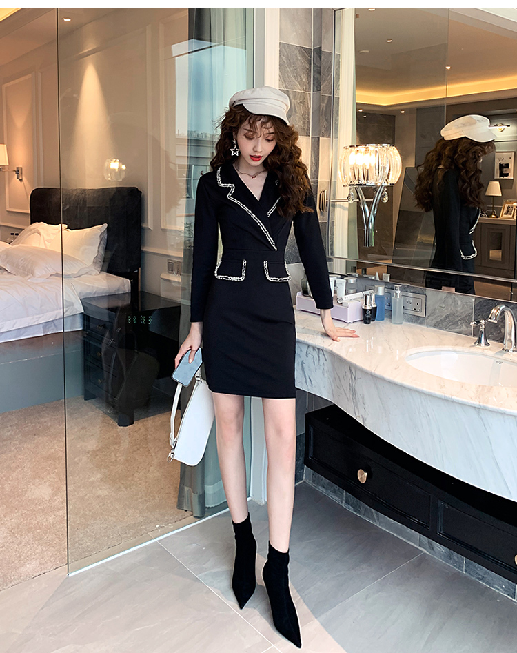 VK旗艦店 韓系修身優雅西服領黑色氣質顯瘦長袖洋裝