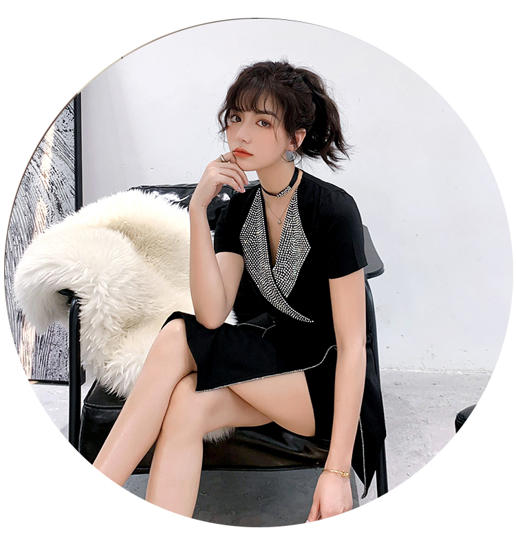 VK旗艦店 韓系開叉燙鑽領時尚套裝短袖裙裝