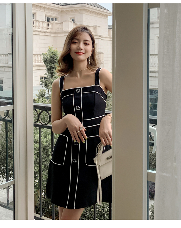 VK旗艦店 韓系氣質拼色線條排扣背帶淑女無袖洋裝