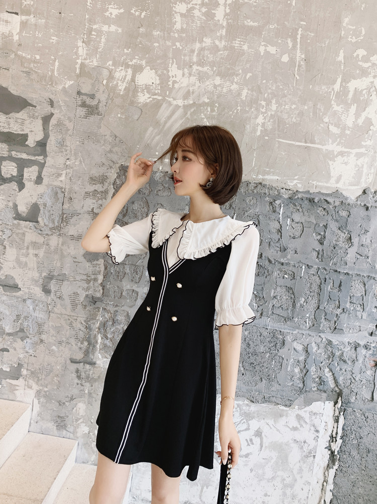 VK旗艦店 韓系娃娃領收腰氣質修身甜美短袖洋裝