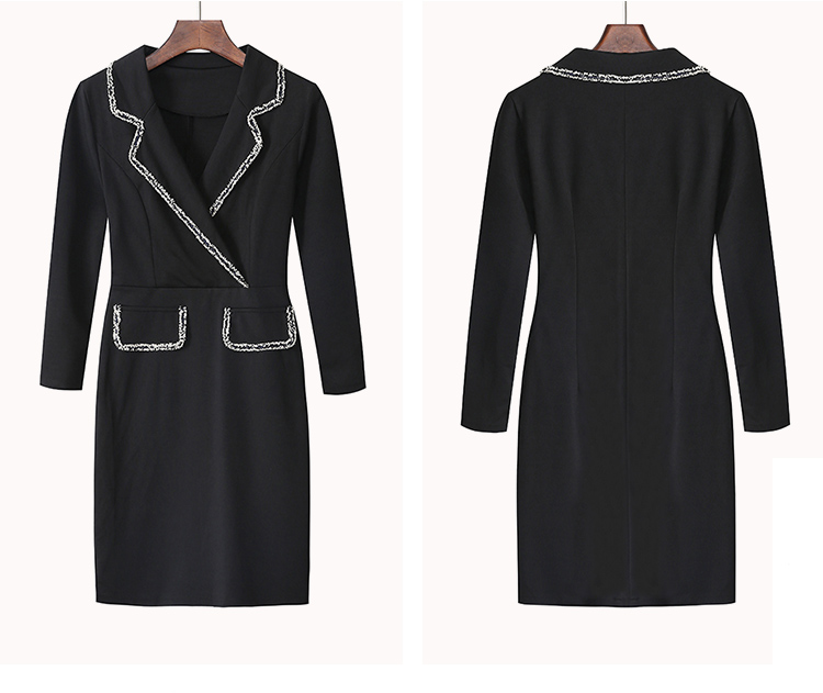 VK旗艦店 韓系修身優雅西服領黑色氣質顯瘦長袖洋裝