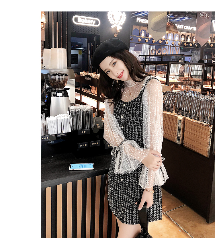 VK旗艦店 韓國風蕾絲燈籠袖小香風呢子套裝長袖裙裝