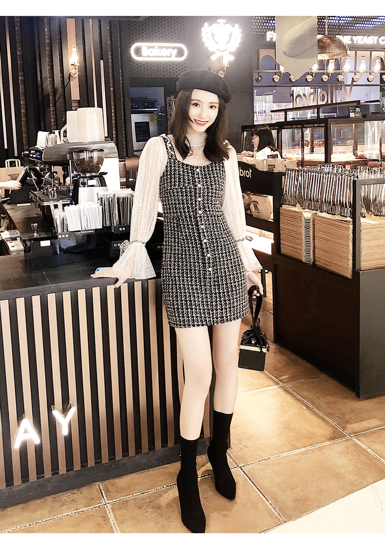 VK旗艦店 韓國風蕾絲燈籠袖小香風呢子套裝長袖裙裝