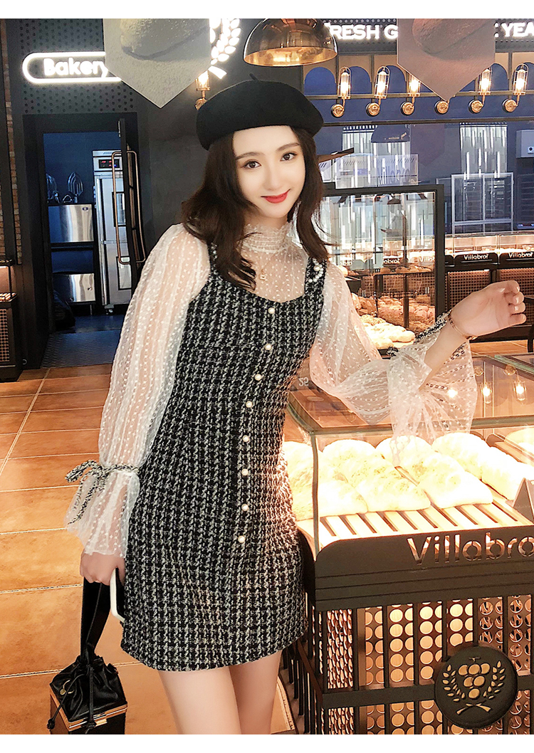 VK旗艦店 韓國風蕾絲燈籠袖小香風呢子套裝長袖裙裝