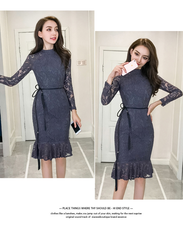VK旗艦店 韓系顯瘦魚尾蕾絲修身優雅配腰帶長袖洋裝