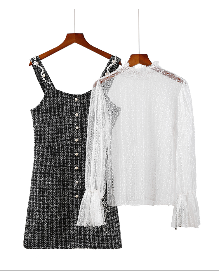 VK旗艦店 韓國風蕾絲燈籠袖小香風呢子套裝長袖裙裝