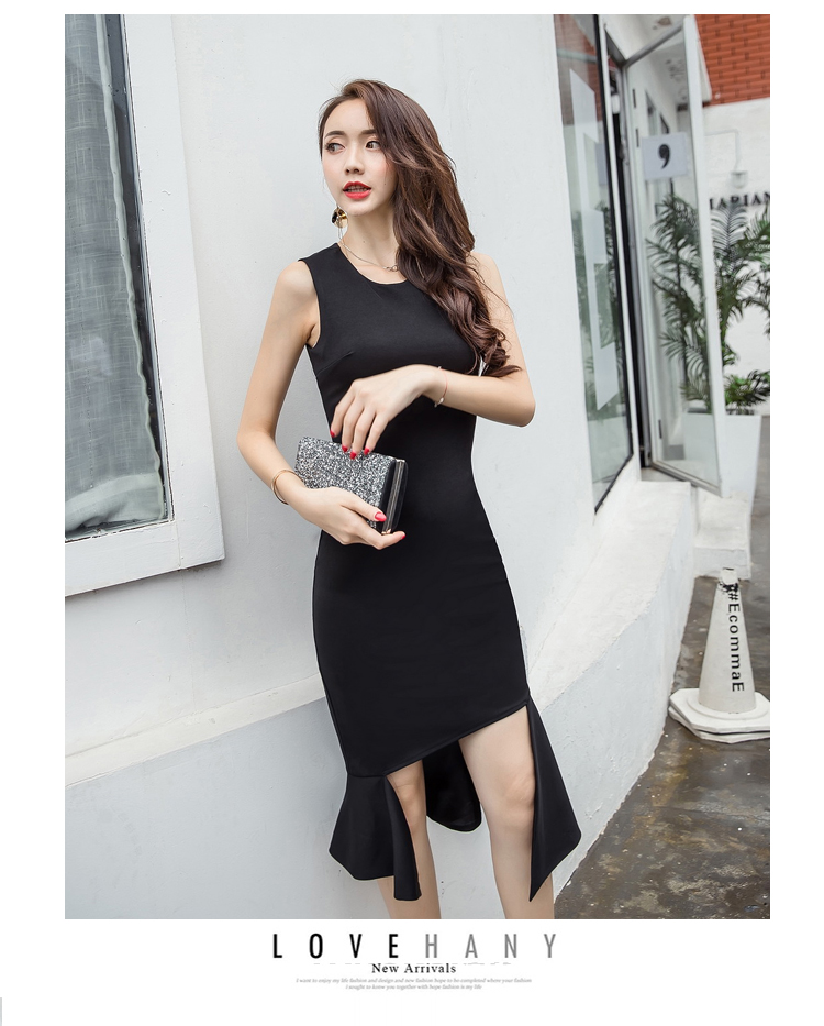VK旗艦店 韓國風名媛優雅開邊荷葉邊魚尾包臀無袖洋裝