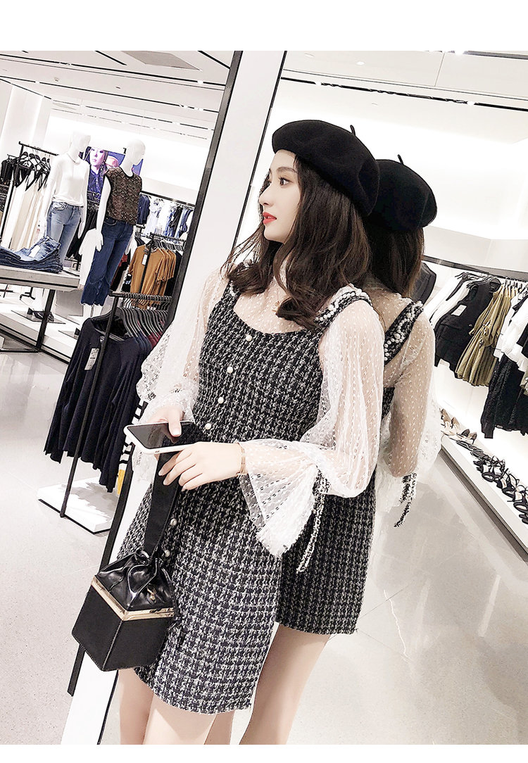 VK旗艦店 韓國風蕾絲燈籠袖小香風呢子套裝長袖裙裝