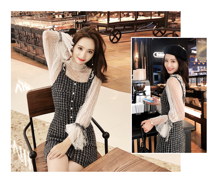 VK旗艦店 韓國風蕾絲燈籠袖小香風呢子套裝長袖裙裝