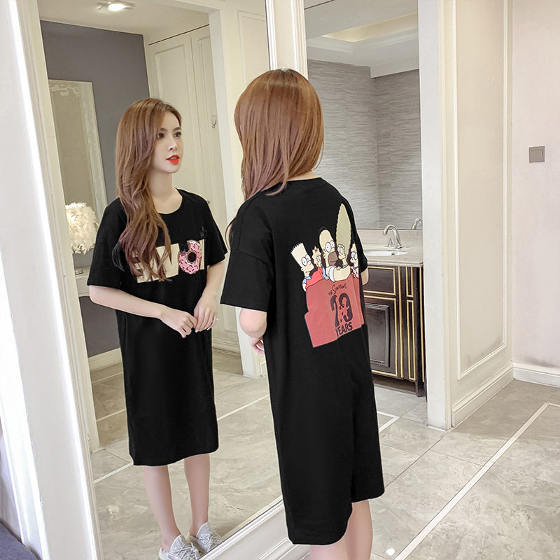 Gestational Woman Dress 2022 Summer Ocean Dress Women's Clothing Loose Medium Long Version Short Sleeve T-shirt Dress Black Conspicoy Large Size Dress Code Foreign Dress