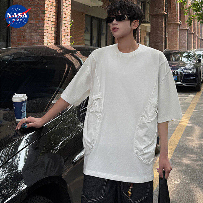 Nasa Trendy Brand High-Quality Pure Cotton Patchwork Pocket Short-Sleeve T-Shirt Unisex Summer American High Street Couple Top