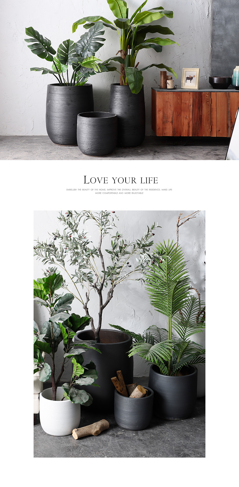 Green plant in northern black ceramic vase flowerpot I and contracted indoor plant decoration cylinder hydroponic POTS of large diameter