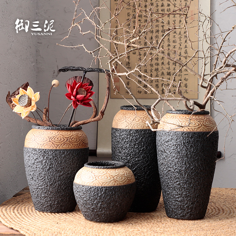 Jingdezhen checking coarse pottery xiangyun Chinese style of black pottery machine dry flower hydroponic flower pot furnishing articles pottery crispy noodles