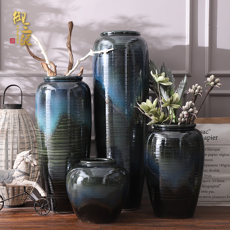 Jingdezhen ceramic furnishing articles European modern vase large living room decoration flower arranging hotel villa blue flower pot