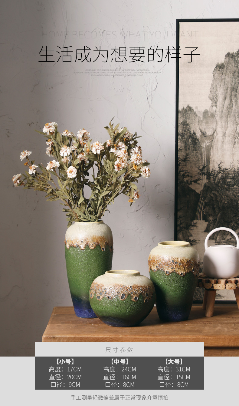 Royal three crude TaoHua mud rural wind dried flowers, flower vase earthenware flowerpot of new Chinese style adornment furnishing articles jar