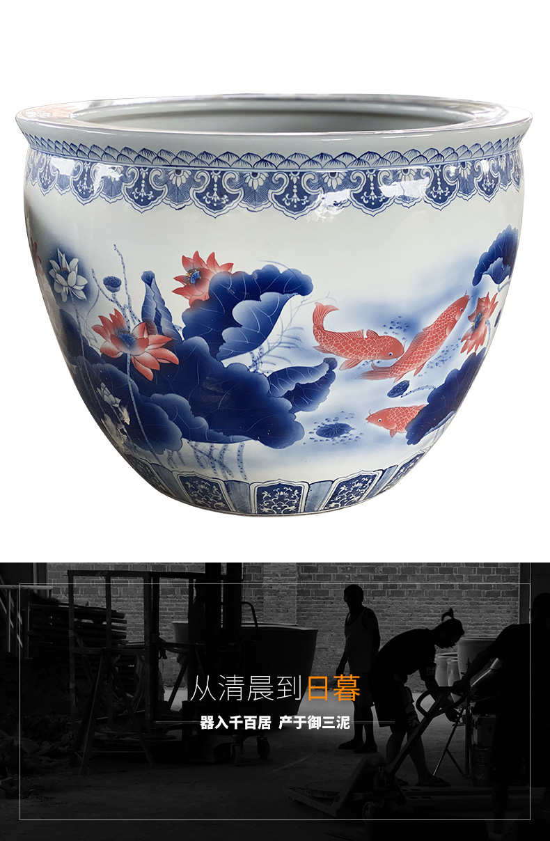 Jingdezhen to heavy cylinder large Chinese ceramic cornucopia sitting room aquarium raise the lotus pond lily cylinder blue and white pattern