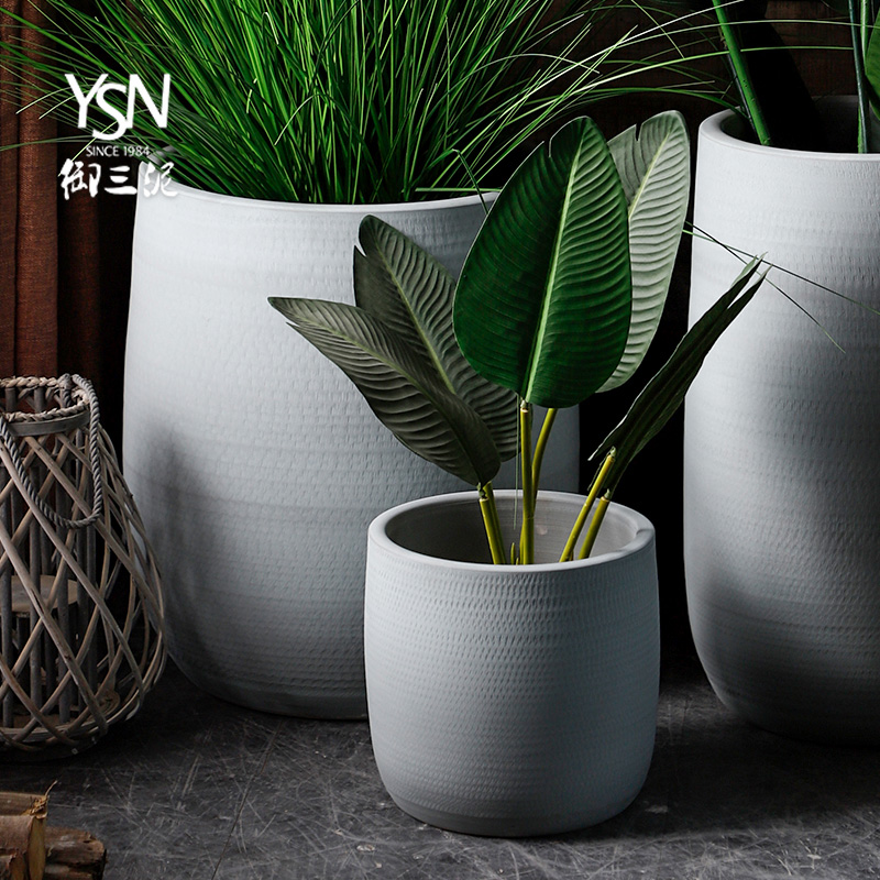 Ceramic green plant hydroponic indoor plant decoration large caliber cylinder Nordic flowerpot I and contracted vase imitation cement color
