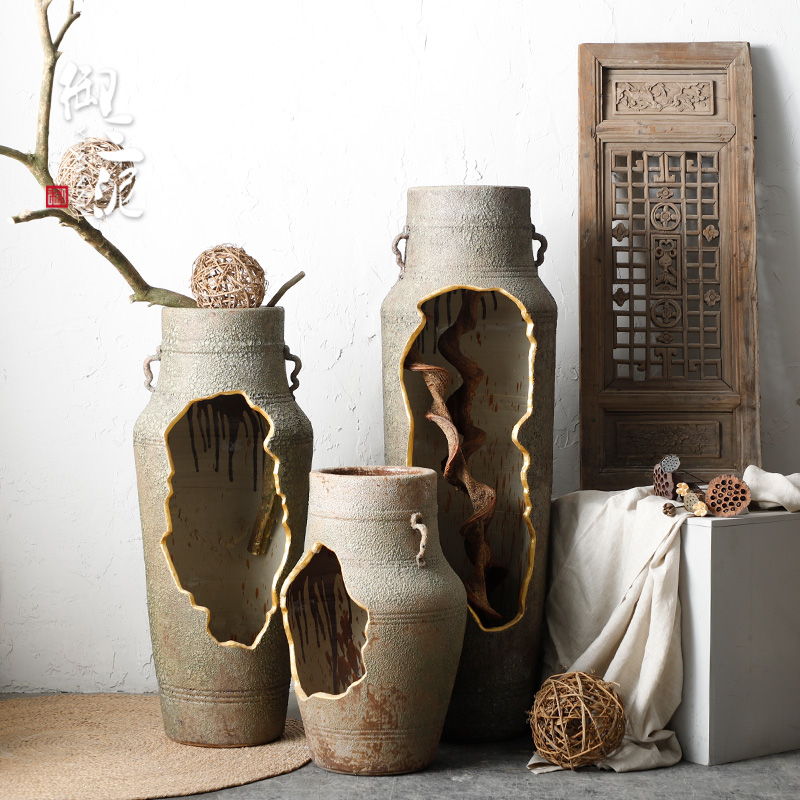Ears open window hole, nostalgic restoring ancient ways do old manual coarse some ceramic jar jar flower implement earthenware archaize floor receptacle