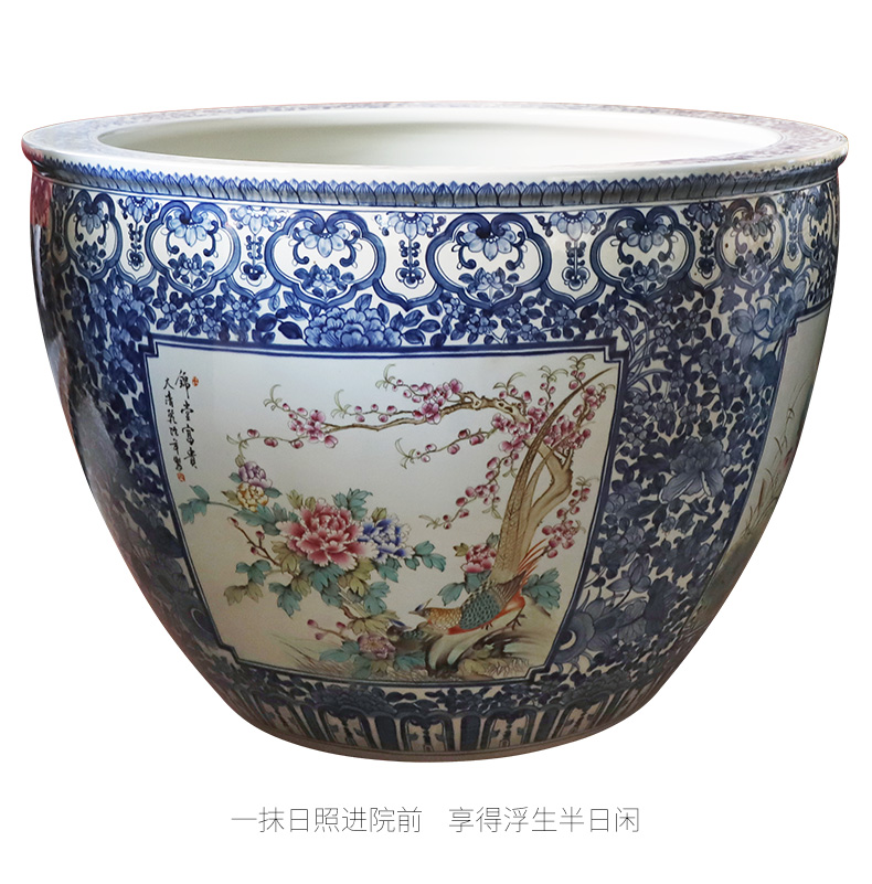 Jingdezhen to heavy cylinder large Chinese ceramic cornucopia sitting room aquarium raise the lotus pond lily cylinder blue and white pattern