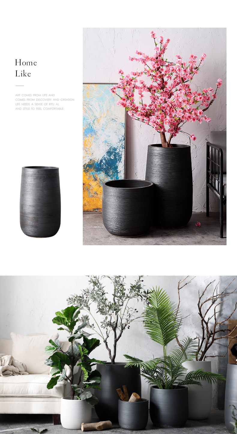 Green plant in northern black ceramic vase flowerpot I and contracted indoor plant decoration cylinder hydroponic POTS of large diameter