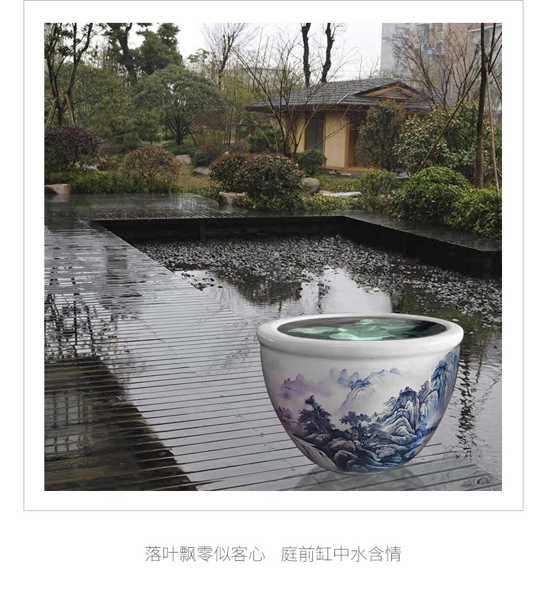 Heavy jingdezhen ceramic cylinder large aquarium lotus pond lily Chinese blue and white landscape ceramic cylinder cornucopia sitting room