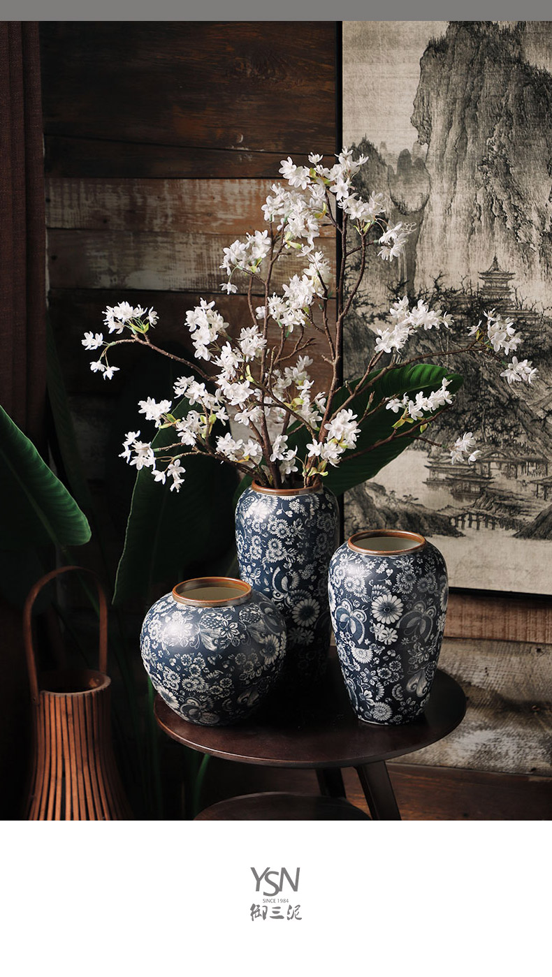 Royal three new Chinese style restoring ancient ways mud mesa blue and white porcelain vase simulation flowers, dried flowers, flower arrangement sitting room adornment furnishing articles