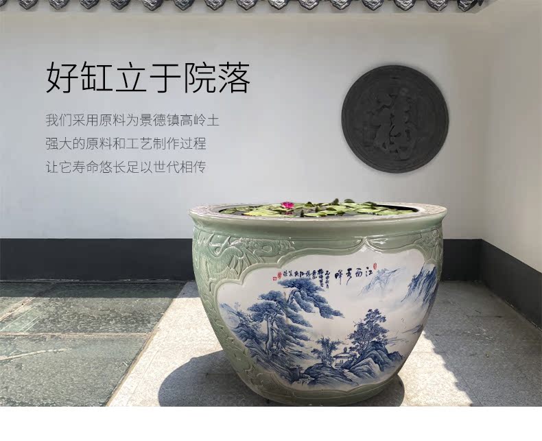 Heavy jingdezhen ceramic cylinder large aquarium lotus pond lily Chinese blue and white landscape ceramic cylinder cornucopia sitting room