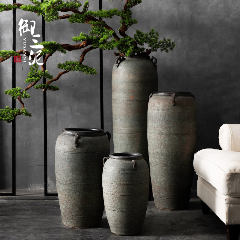 Retro Coarse Pottery Landing Vase Living-room Inserted Dry Flower Decoration Pendulum Decoration Chinese Style Modern Pottery Jar Large Caliber Zen flower pot