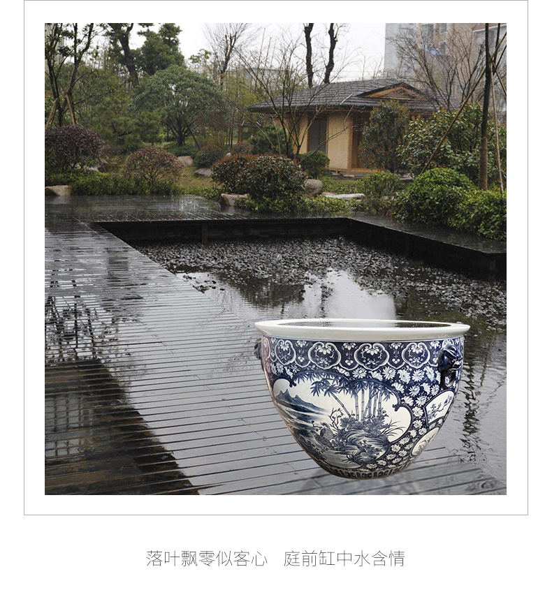 Jingdezhen to heavy cylinder large Chinese ceramic cornucopia sitting room aquarium raise the lotus pond lily cylinder blue and white pattern