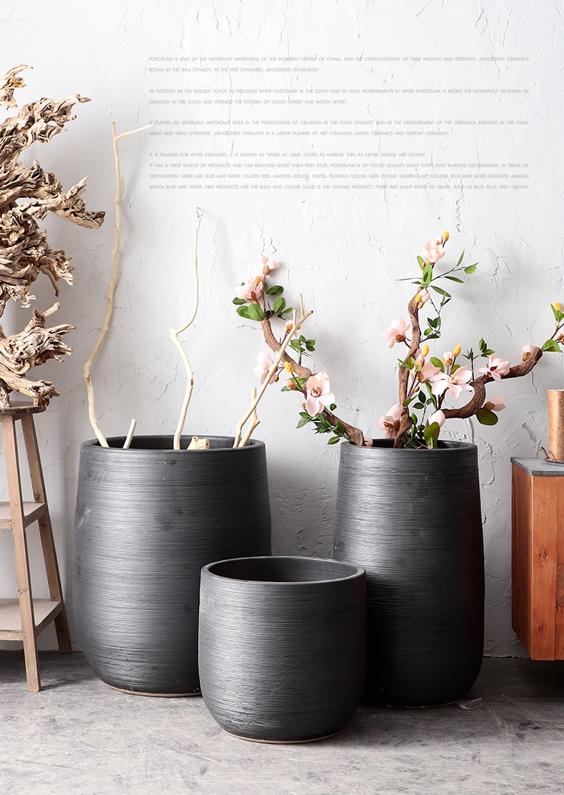 Green plant in northern black ceramic vase flowerpot I and contracted indoor plant decoration cylinder hydroponic POTS of large diameter